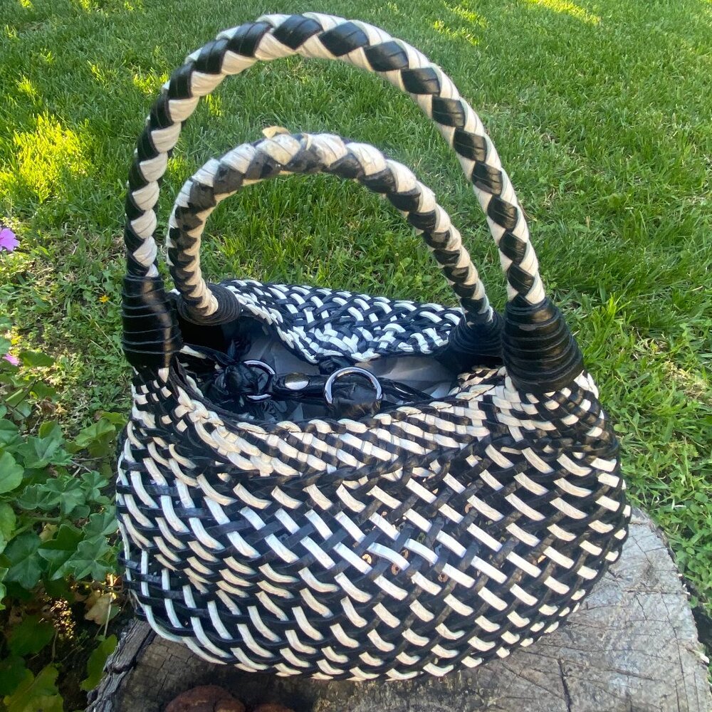 Black and White Woven Faux Leather Handbag - Picture 2 of 15